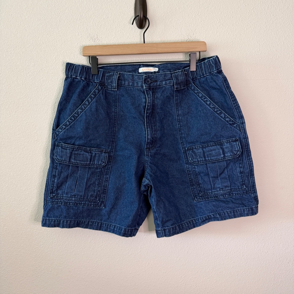 SAVANE Mens Cotton Cargo Denim Shorts Size 36 Gorpcore Utility Rugged